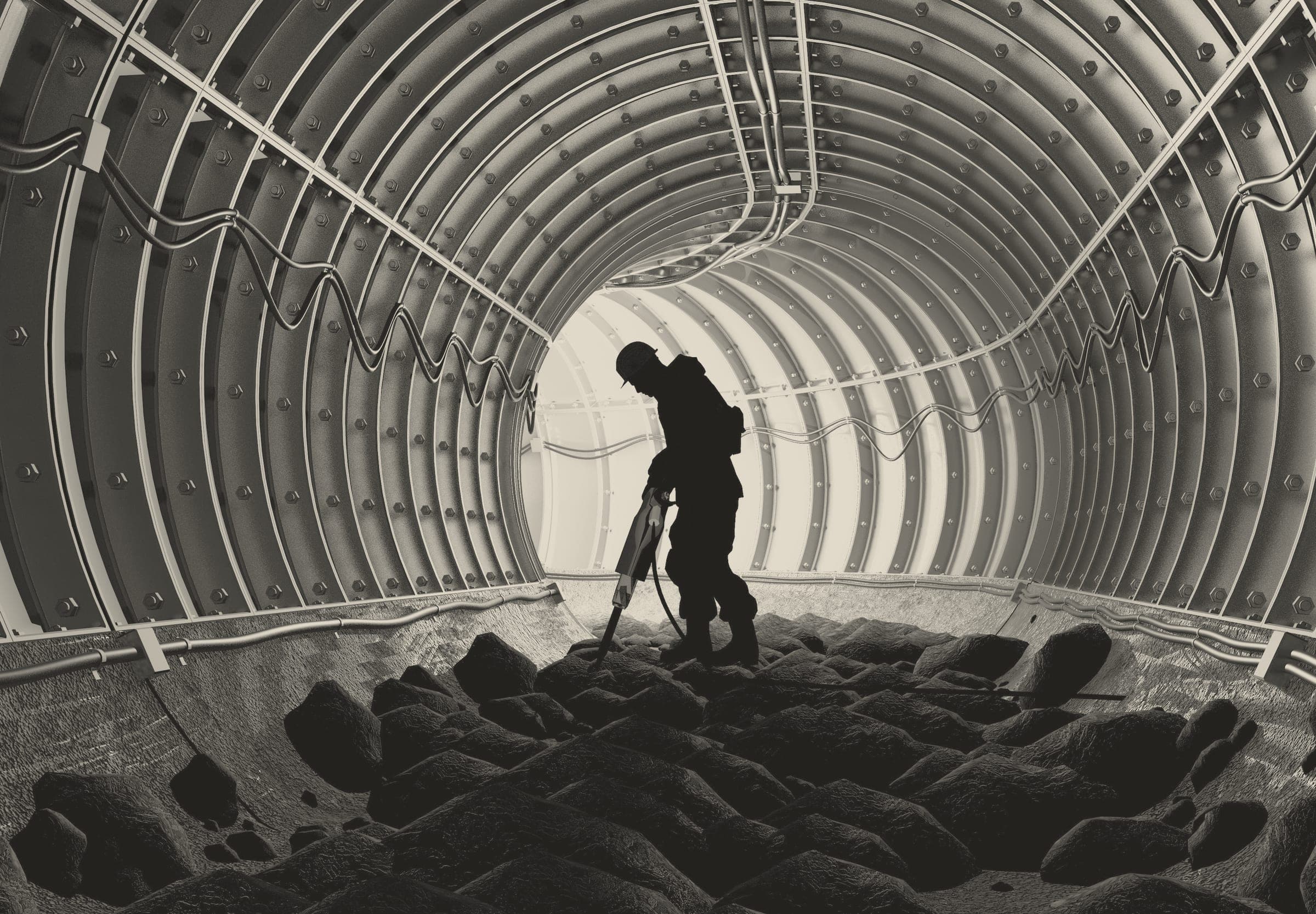 A monochrome illustration of a lone worker silhouetted inside a ribbed tunnel under construction, standing on a bed of broken rock and operating a handheld pneumatic drill or jackhammer. The tunnel is