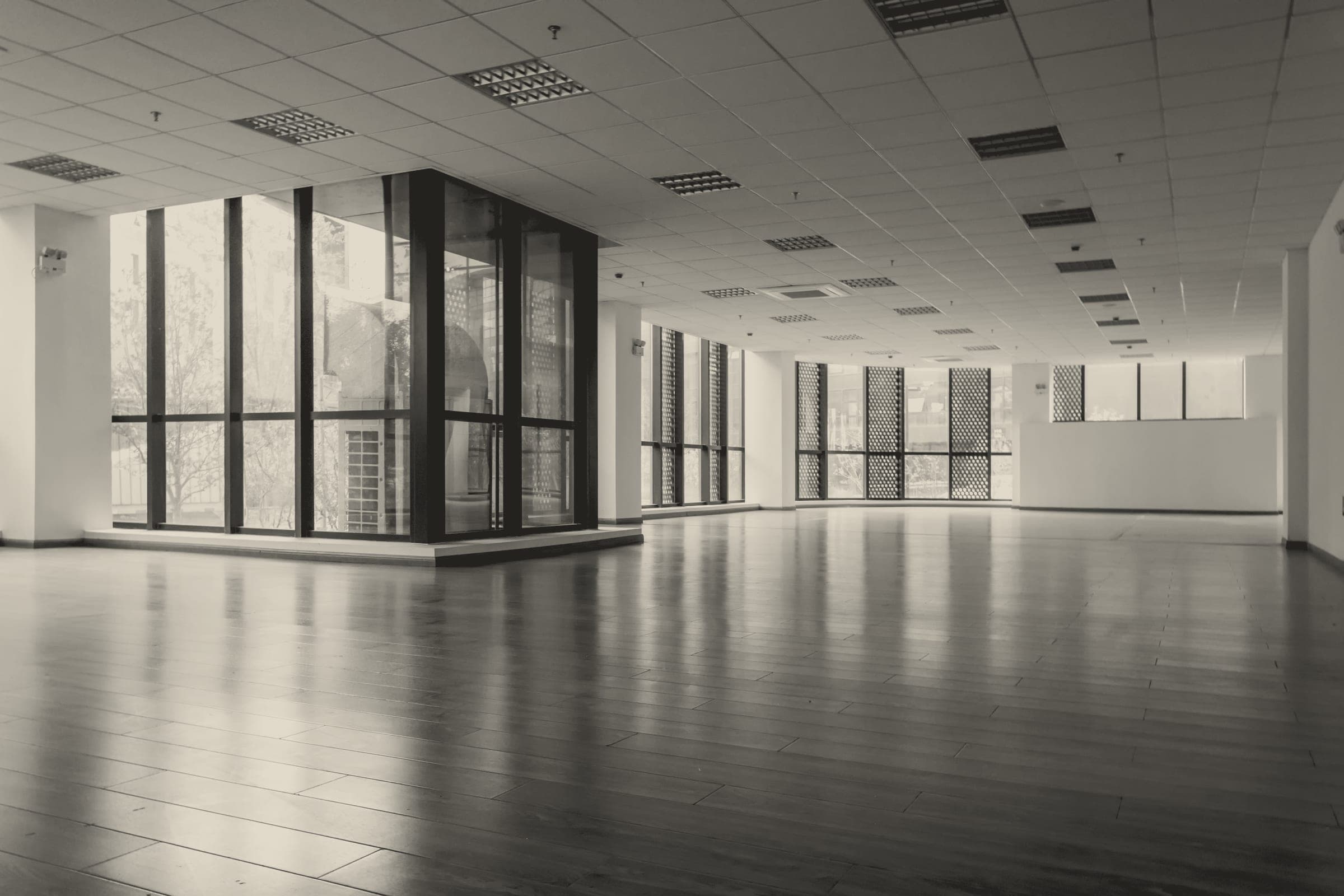 A vacant open-plan commercial office interior photographed in near-monochrome grey tones. Dark polished wood-effect flooring dominates the foreground, reflecting daylight from a bank of floor-to-ceili